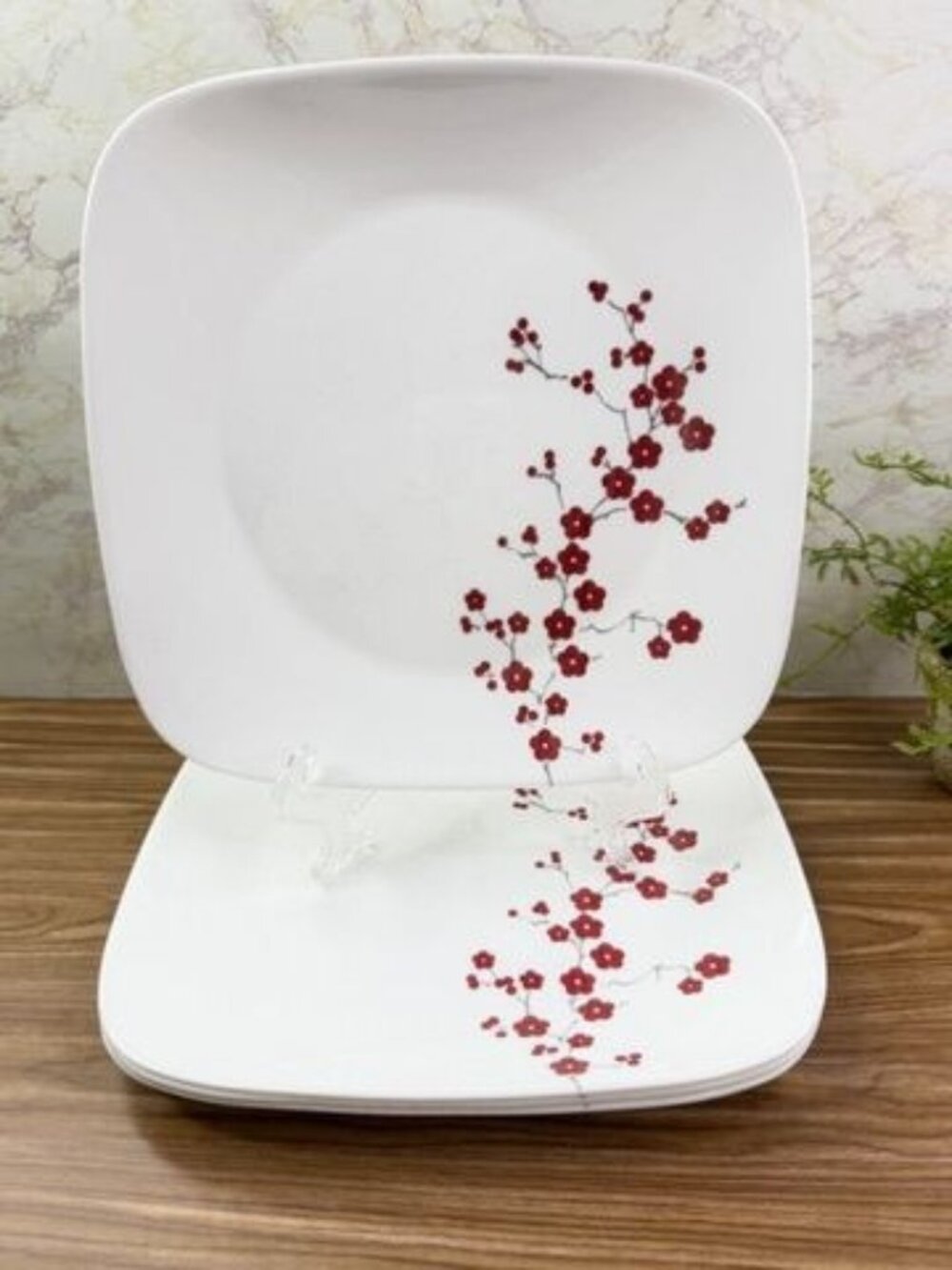 Set of 4 Corelle Square Hanami Garden Red Flower Dinner Plate 10.5" Vitrelle